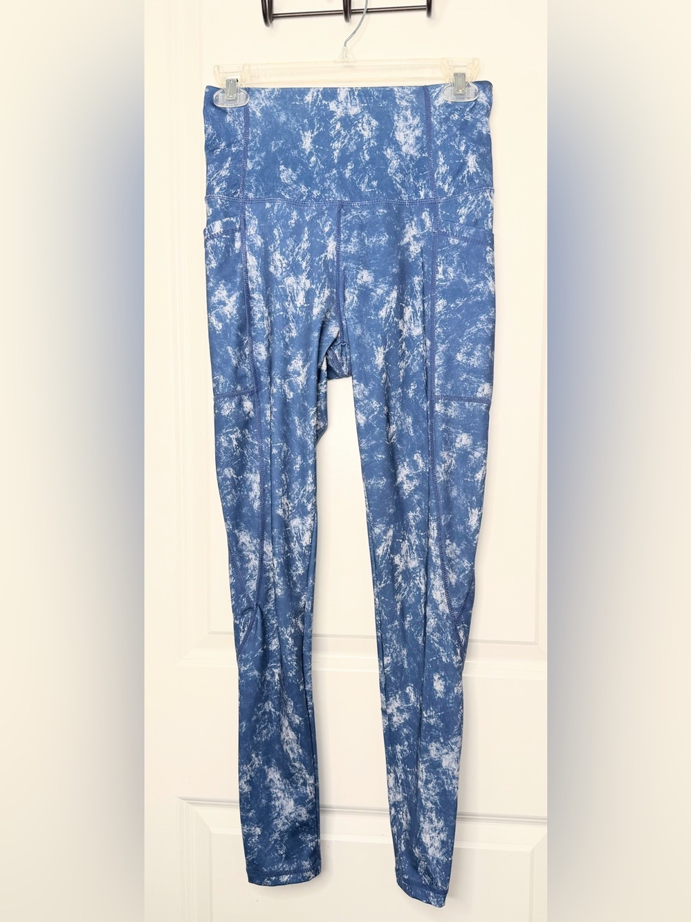 Body Glove Womens S Blue White Print High Rise Leggings Side Pockets Yoga Gym